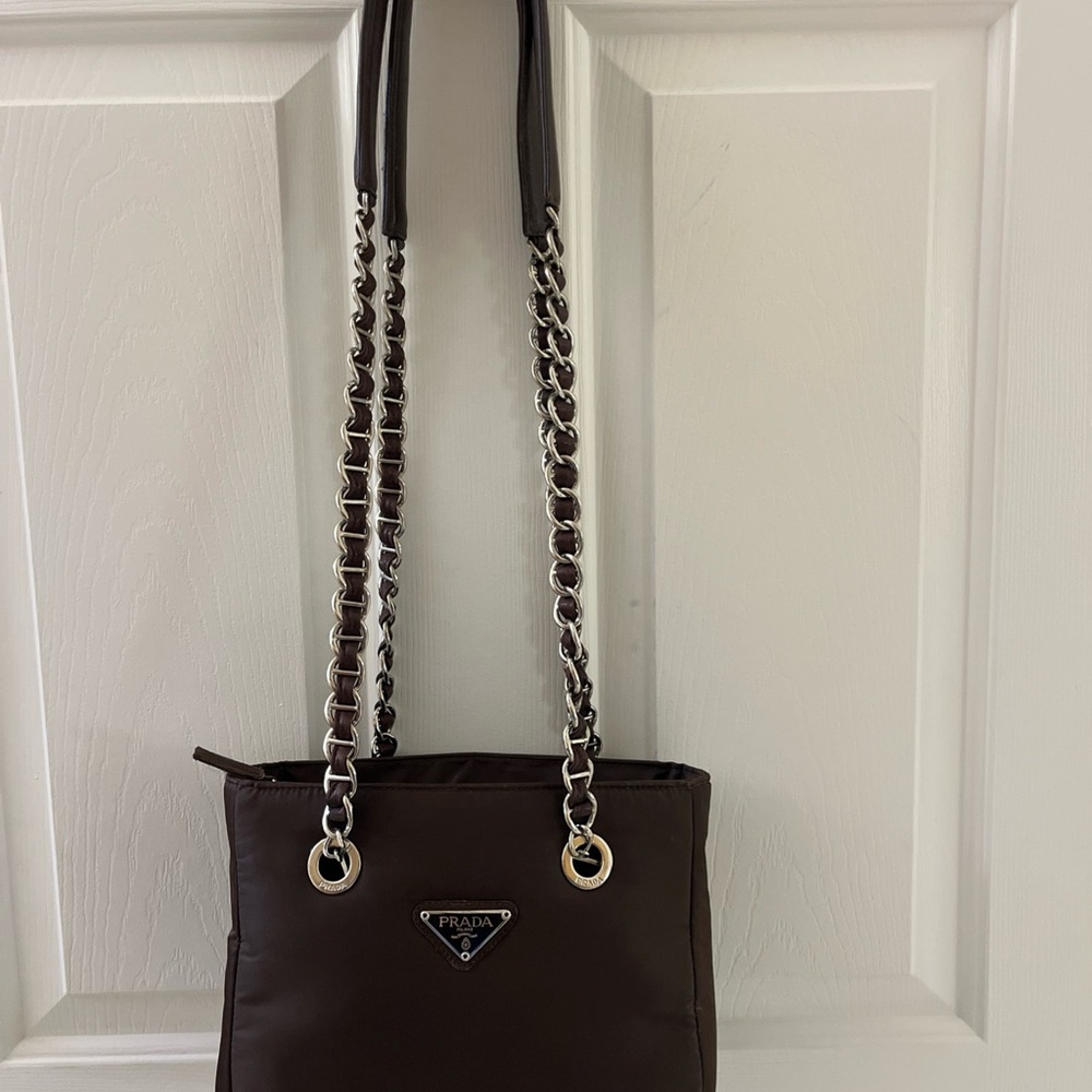 Prada Brown Textured Shoulder Bag with Chain Straps